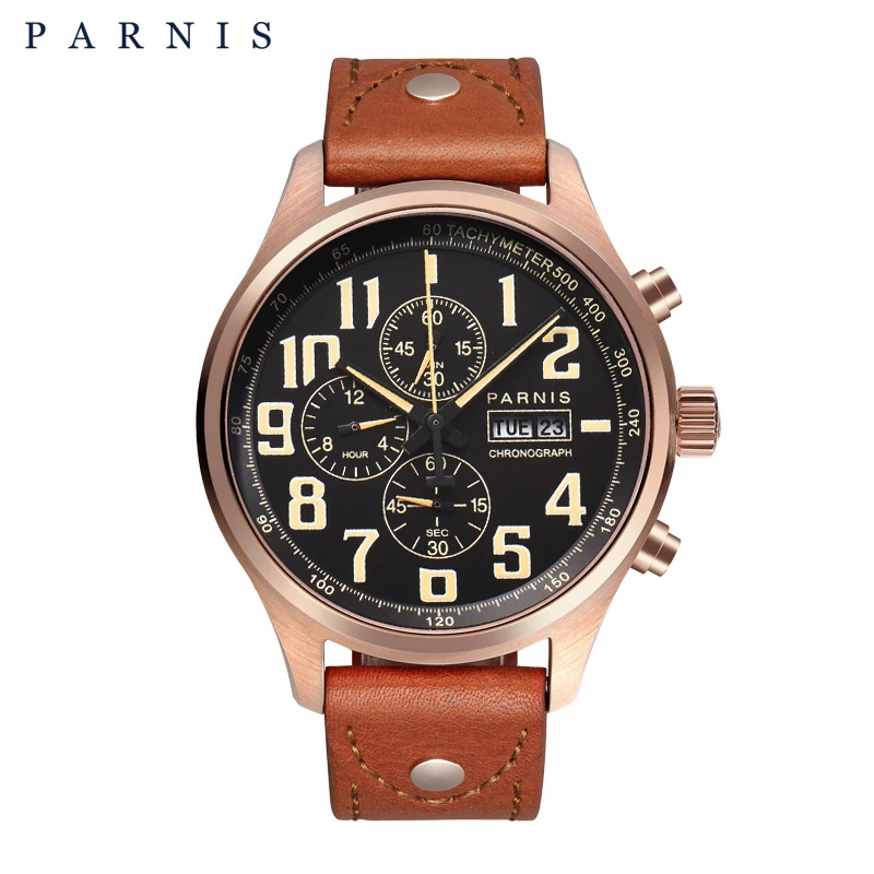

Модные мужские наручные часы Parnis, кварцевые часы с хронографом и календарем в стиле милитари, с ремешком из розового золота диаметром 43 мм и ...