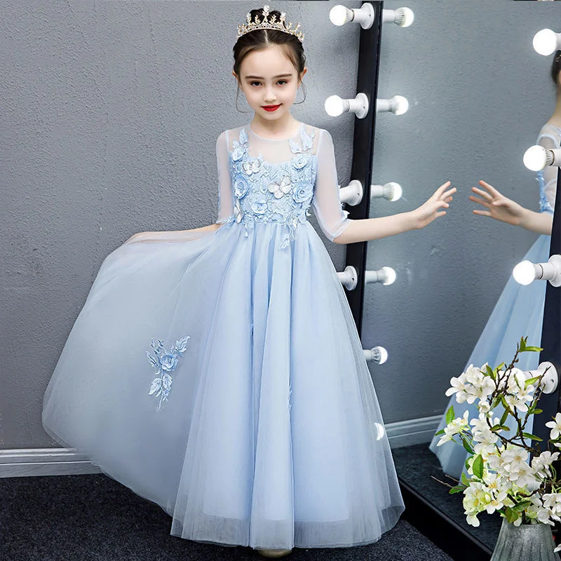 

Vintage Flower Girls Dress With Crown for Wedding Children Princess Party Cheap Long Gown Kids Dresses for Girls Formal Clothes