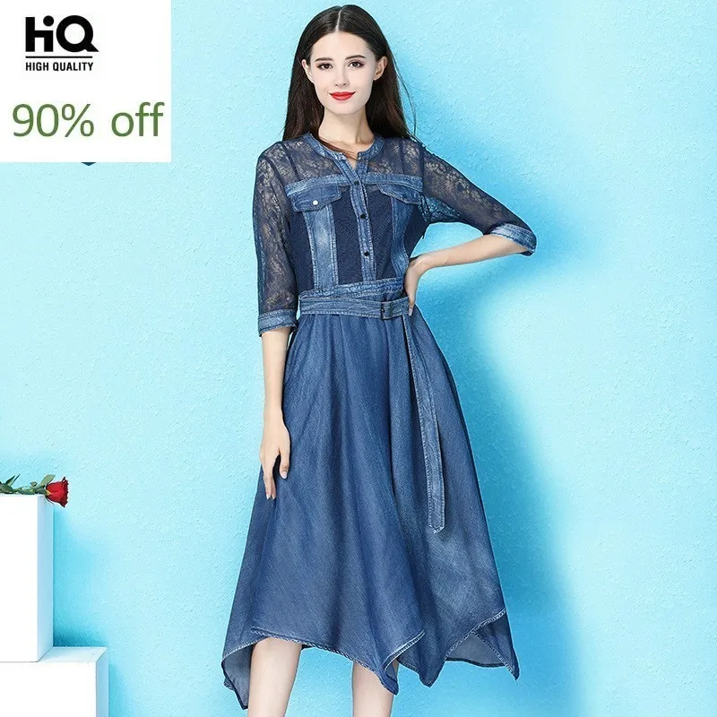 Летние джинсовые платья Харадзюку трапециевидной формы с поясом женские средней