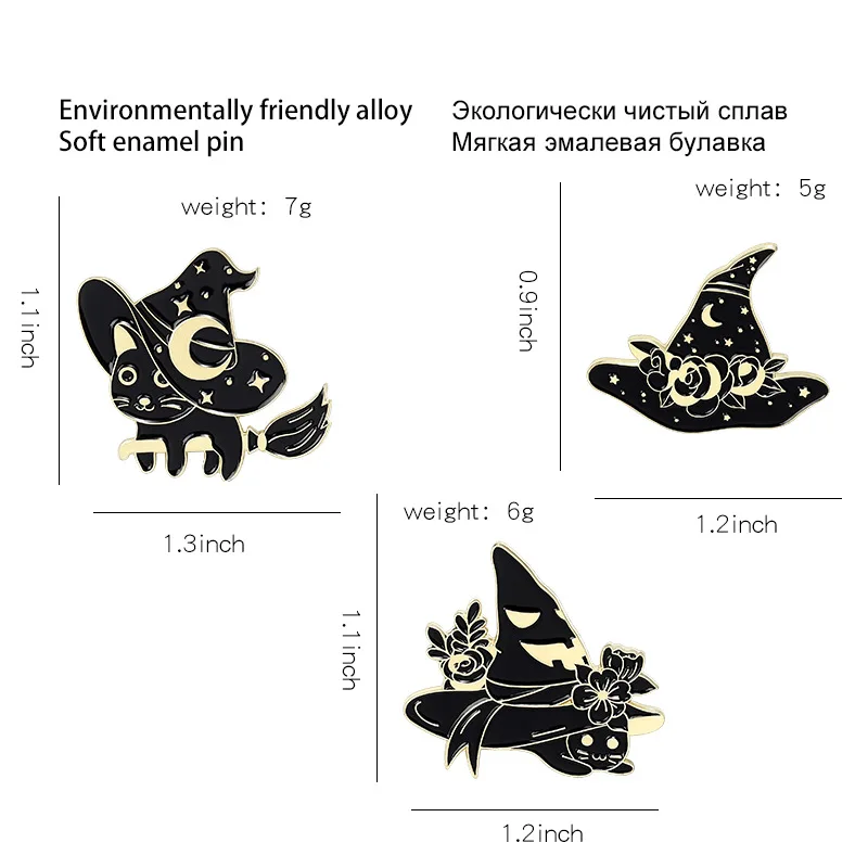 

Black Magic Hat Brooch Halloween Wizard Hat Brooch Lapel Pins Punk Black Magic Cat Brooch Backpack Badge Fashion Enamel Pins