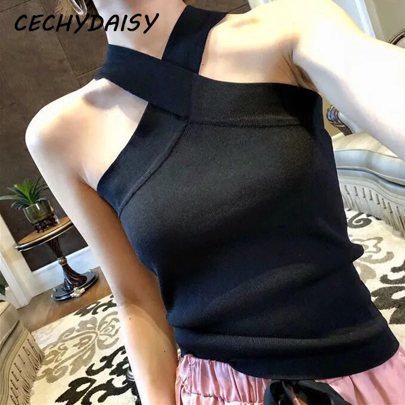 Женский топ на бретелях сексуальный укороченный с открытыми плечами черно белая