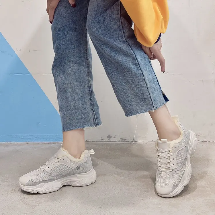 Женские повседневные кроссовки зимние теплая женская обувь с Плюшевым Мехом