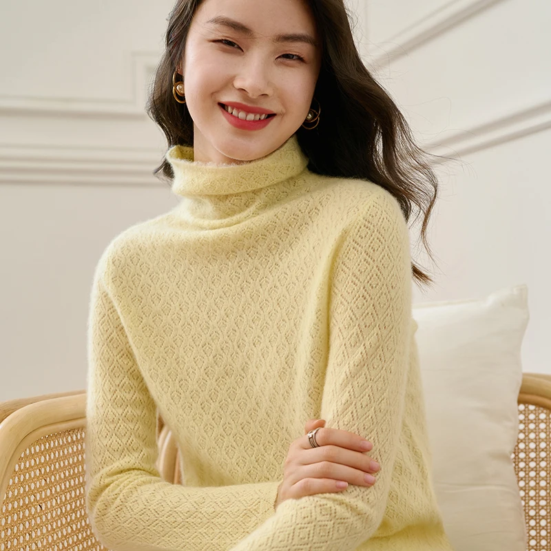 

100% Cashmere Sweater Women Pullover Sexy Hollow Out Casual Solid Color Classic Turtleneck Loose Jumper Tops Autumn Spring