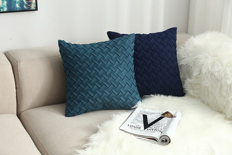 Blue Cushion Cover Soft Faux Suede Home Decorative Navy Pillow Cover Woven Pattern Green 45x45cm/30x50cm