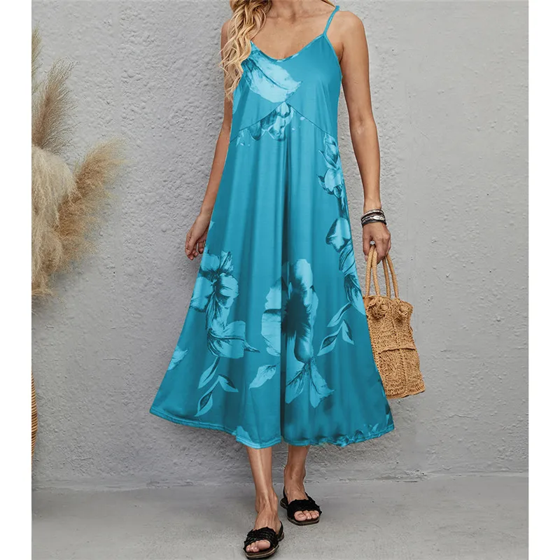 

2022 Summer Sleeveless Beach Party Dress Boho Floaral Casual Long Dress Lady Sexy Spaghetti Strap V-neck A-Line Dress Vestidos