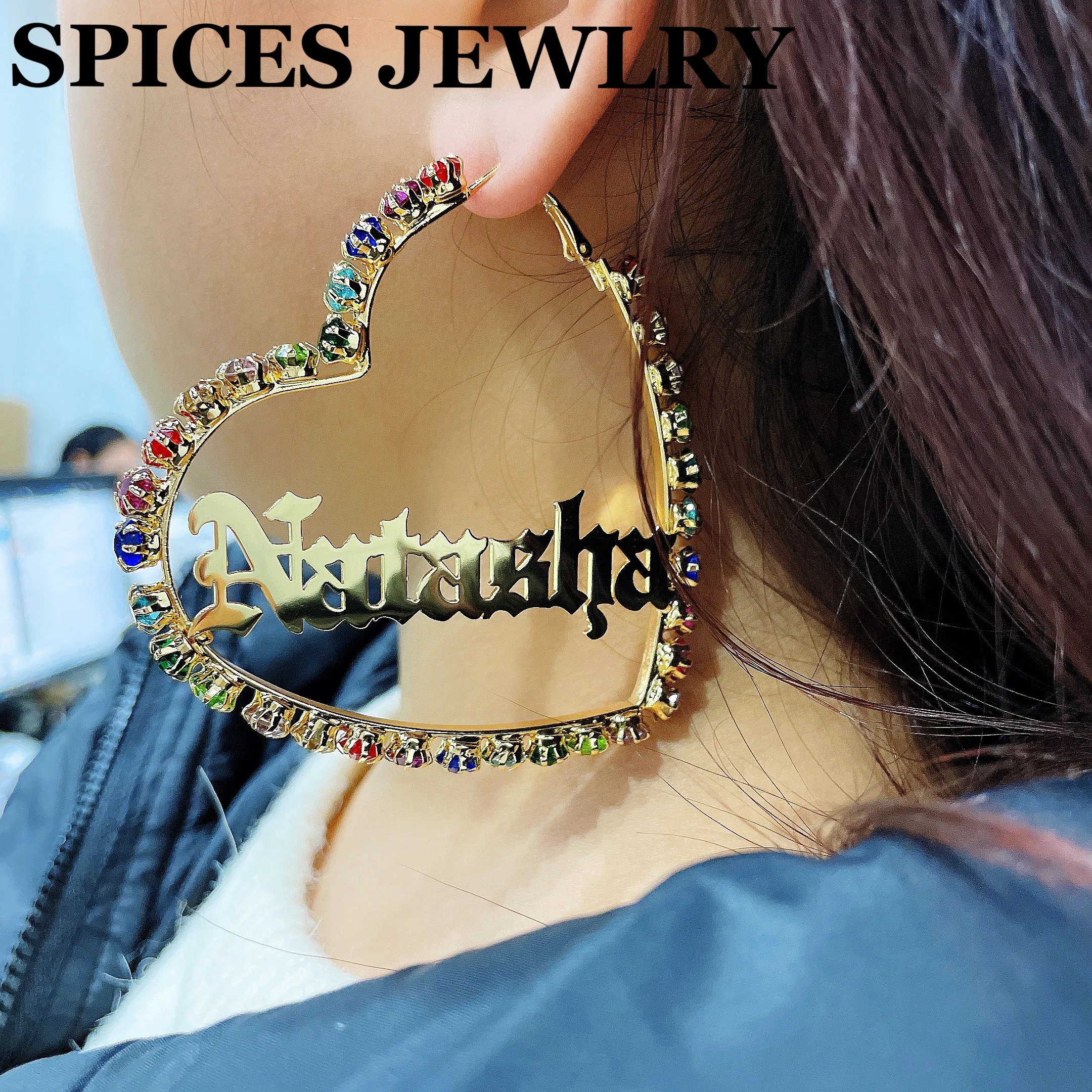 

Spices Jewlry Colorful Zircon Earrings Custom-named Heart-shaped Geometric Zircon Earring Hip-hop Style Custom hoop Earrings