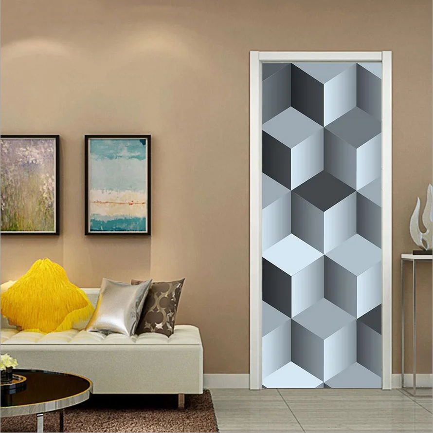

3D деревянные двери стикер геометрический узор Современный Дизайн Наклейка на стену самоклеющиеся виниловые Съемные росписи плакат двери о...