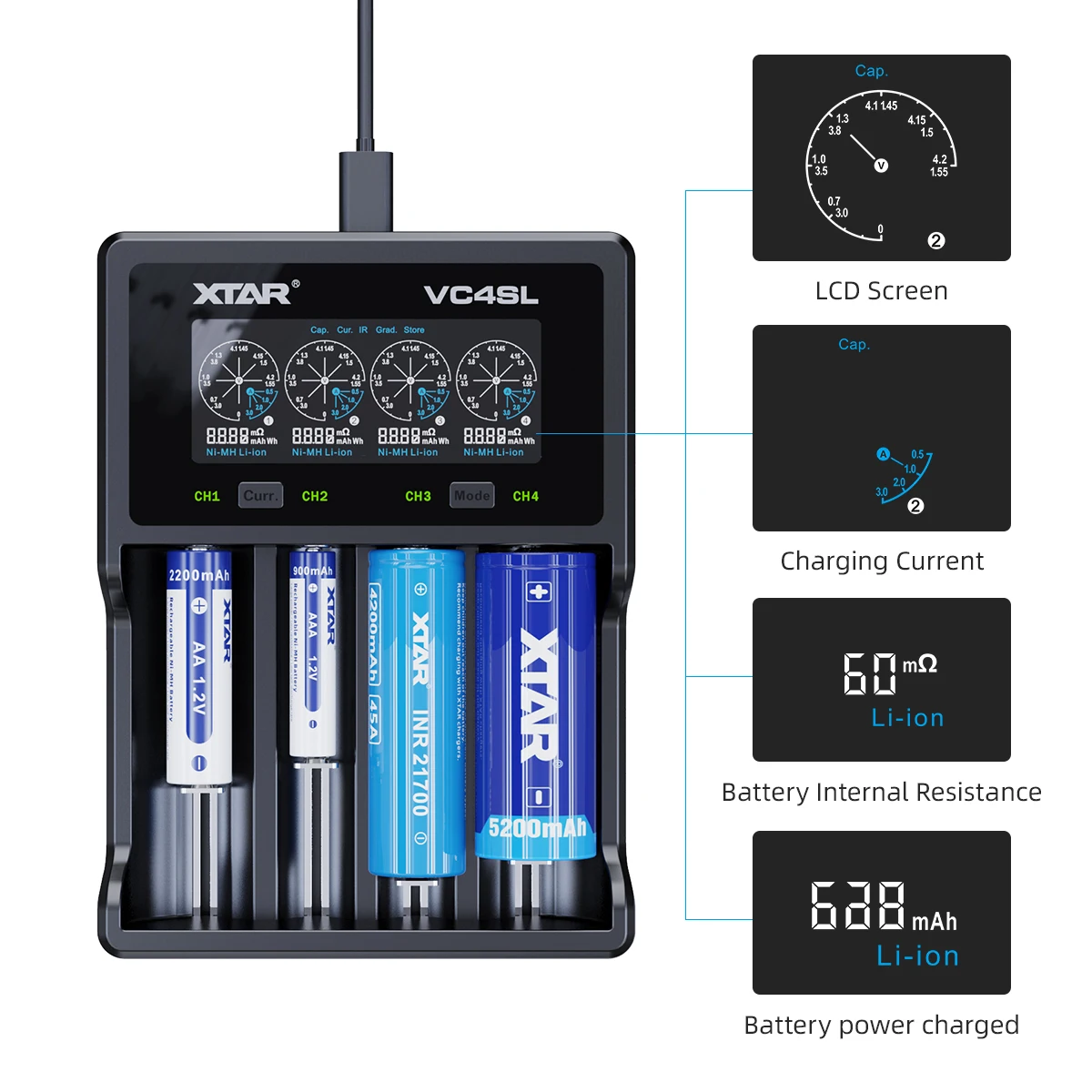 Зарядное устройство XTAR QC3.0 Type C VC8 VC4SL VC4H для быстрой зарядки литий-ионных