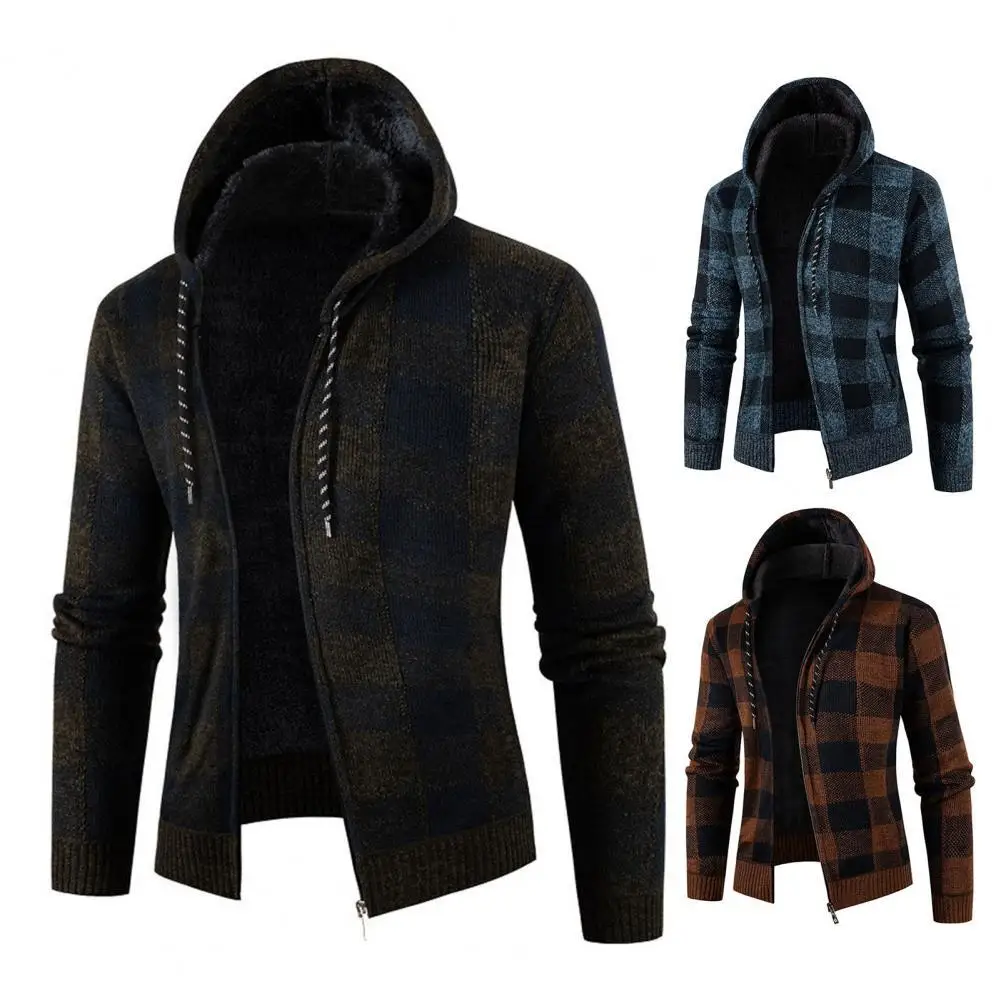 

Zipper Lattices Stitching Color Autumn Hooded Men Cardigan for Family