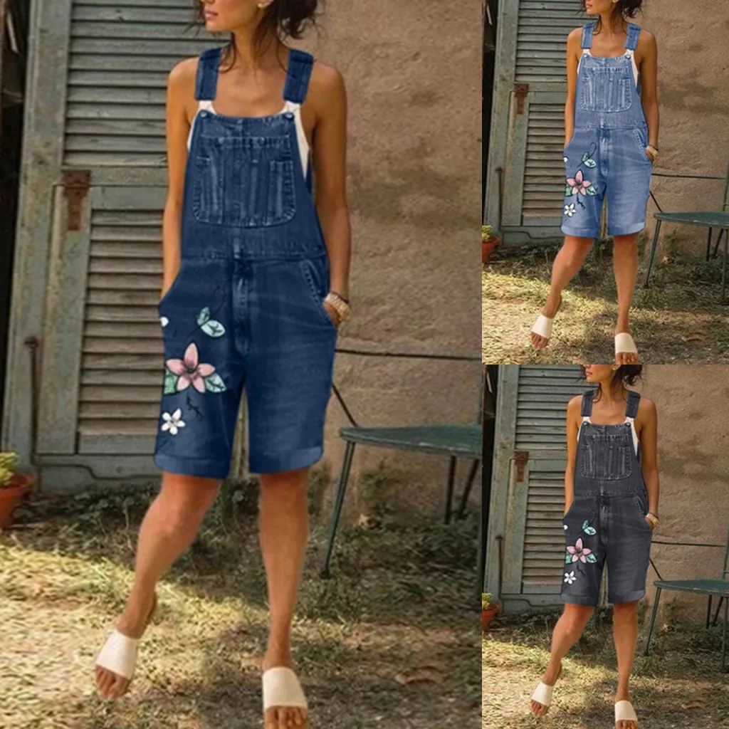 

Summer Women's Fashion Floral Printed Denim Straps Bib Shorts Rompers Jumpsuits Casual Female Jeans Overalls Playsuit #g4