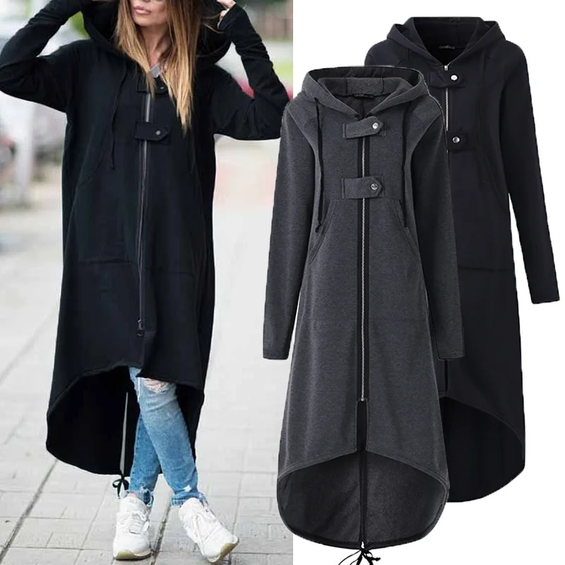 Women Winter Long Sleeve Hooded Trench Coat Autumn Casual Black Zipper Plus Size 5XL Velvet Overcoat Clothes 019 | Женская одежда