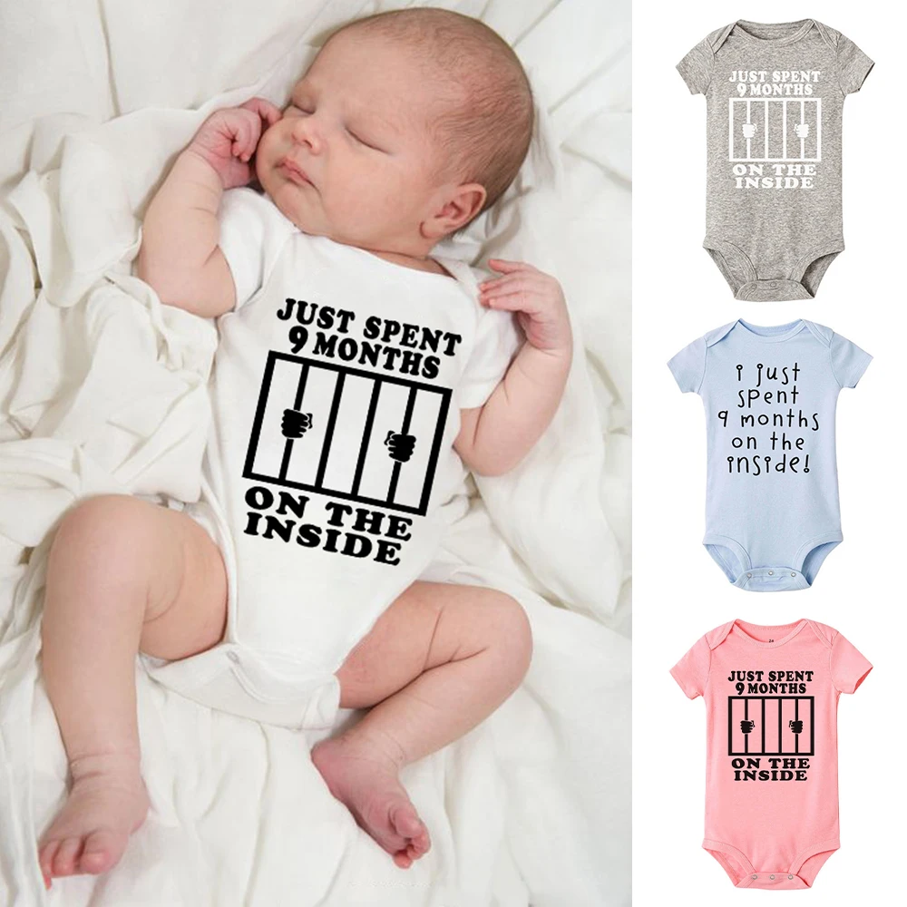 

Just Spend 9 Months on The Inside Newborn Baby Romper Boys Girls Summer Bodysuit Infant Clothes Fashion Short Sleeve Baby Gifts