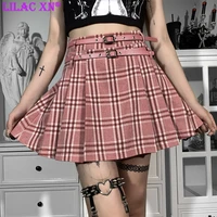 y2k harajuku pink pleated plaid mini skirts kwaii patchwork belt high waisted school skirt aesthetic summer women girls skirt