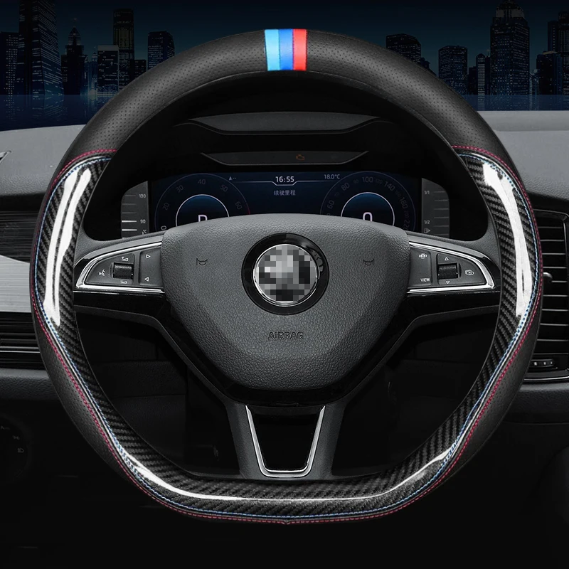 

Carbon Fiber Cow Leather Steering Wheel Cover For Skoda Yeti Fabia Kodiaq GT Rapid Octavia RS VRS Spaceback Superb 2018 2019