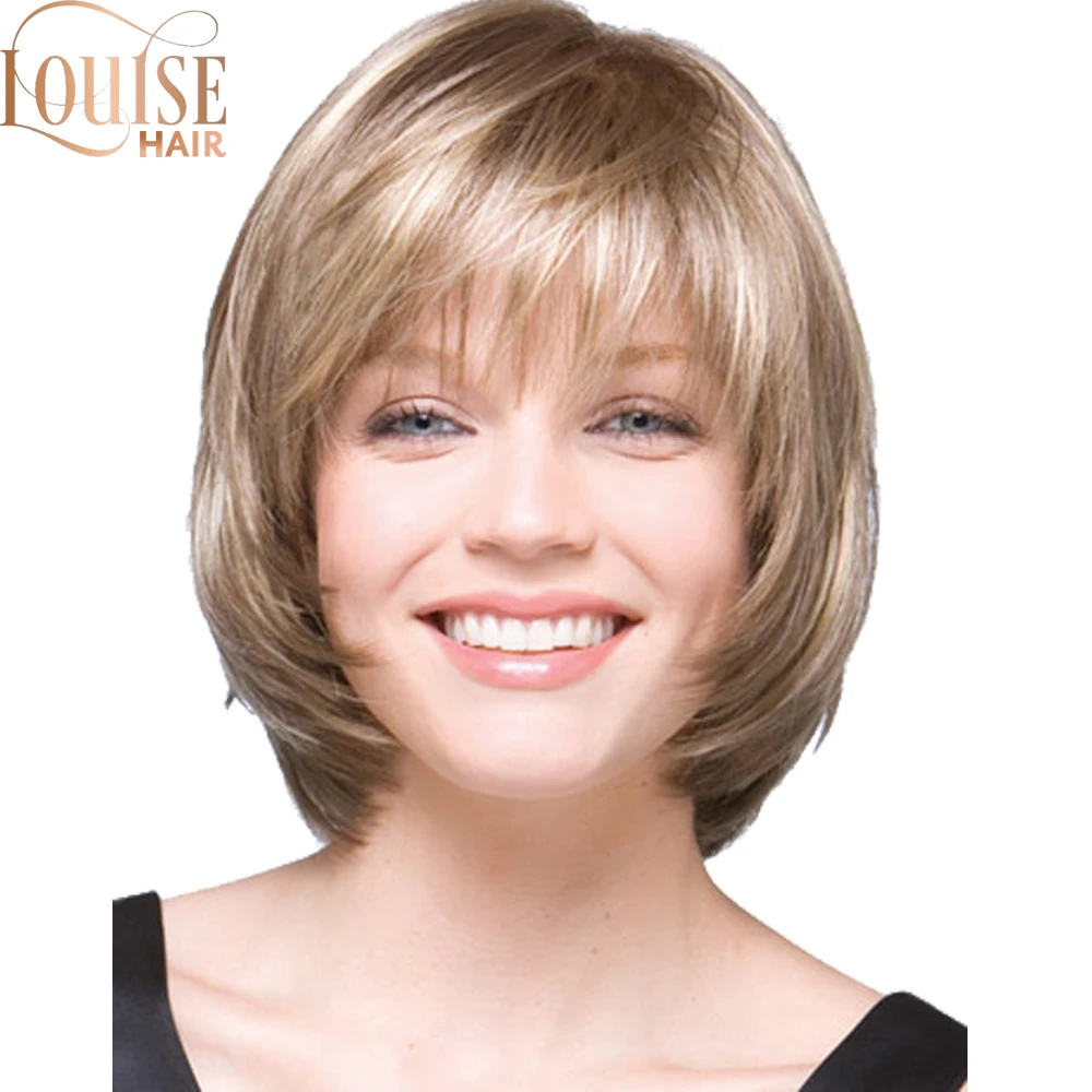 

Louise Hair Wigs For White Women Full Wigs Short Straight Bob Hairstyle Blonde HighLights Hair Wig With Bangs Free Shipping