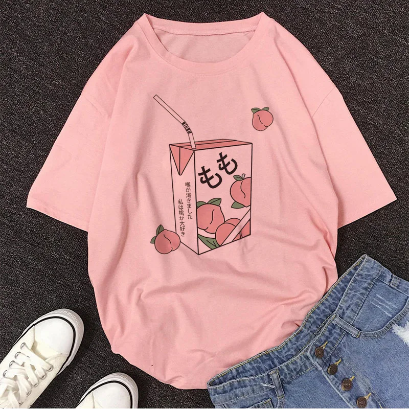 

Cartoon Peach Juice Japanses Aesthetic Grunge T shirt Women Harajuku Cute Kawaii Pink Summer Casual Tumblr Outfit Fashion Tops