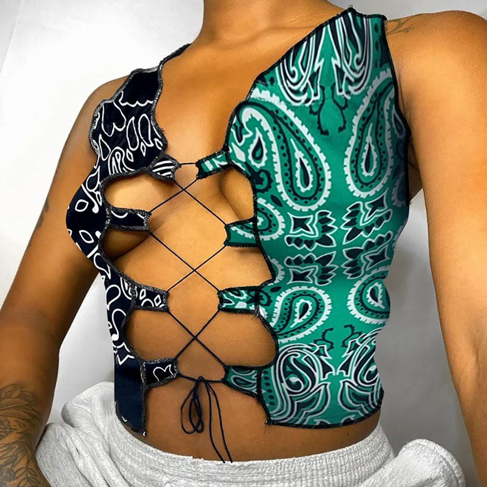 

Color Block Bandanna Print Lace Up Sleeveless Crop Top Women Sexy Party Slim Fit T-shirts Hollow Out Bandage Club Tie Front Top