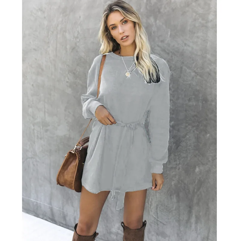 

Solid Mini Dress Women's Long-sleeved Round Neck Lace Up Vestidos Fashion Casual Elegant Streetwear Sexy Evening Party Dresses