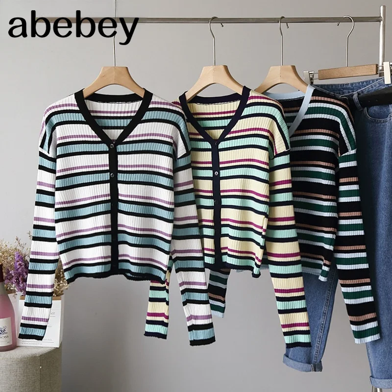 

2021 Spring Preppy Style Knitted Cardigan Women V-neck Single Breasted Contrast Color Panelled Striped Tops Thin