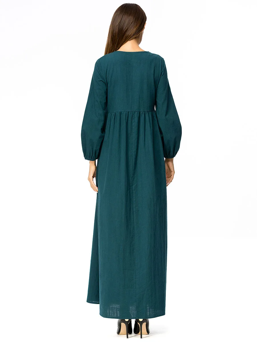 Женское платье макси с вышивкой Abayas зеленое длинным рукавом в мусульманском