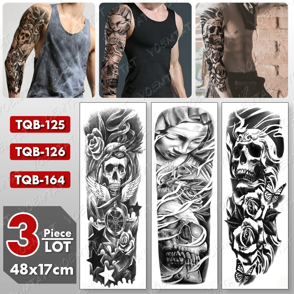 

3 pcs/lot Large Arm Sleeve Tattoo Skull Star Wings Waterproof Temporary Tatto Sticker Rose Body Art Full Fake Tatoo Women Men