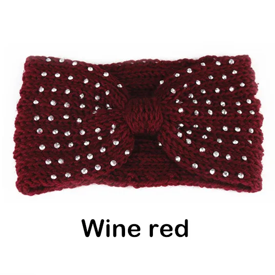 Wine red Зимние Стразы, блестки, повязка на голову для женщин, трикотажный подогреватель чалма, закрывающая уши, головной убор, Панк шерсть, вязанные крючком повязки на голову, аксессуары для волос - Цвет: Wine red