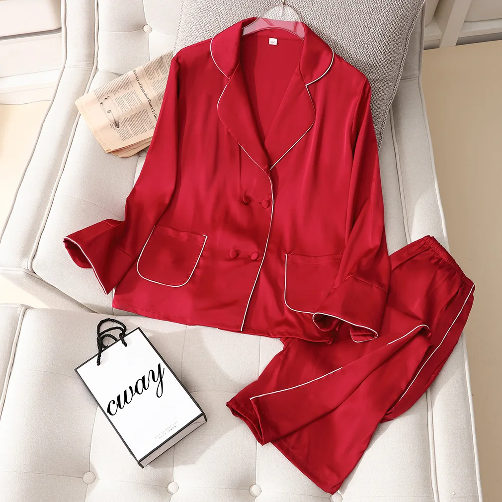 149 Summer Spring Faux Silk Women Pajamas Casual Turn-down Collar Thin Long Sleeve Pant Sleepwear Set Pyjama Female Homewear