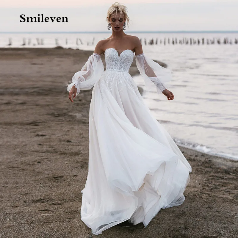 

Женское свадебное платье Smileven, кружевное платье в стиле бохо, со съемными рукавами-фонариками, с аппликацией, для пляжа, 2021
