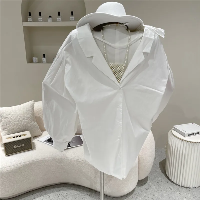 

Fashion V-neck Pleated Stitching Flared Long-Sleeved Shirt for Women 2021 Spring Summer New Loose Casual Sweet Femme Tops Blouse