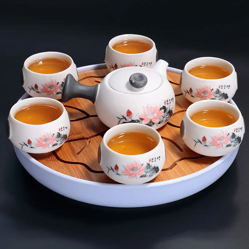 

Белый керамический чайник со снежинкой и глазурью, 6 чашек, фарфоровые чайные наборы, китайский чайный сервиз gongfu, посуда для напитков, беспл...