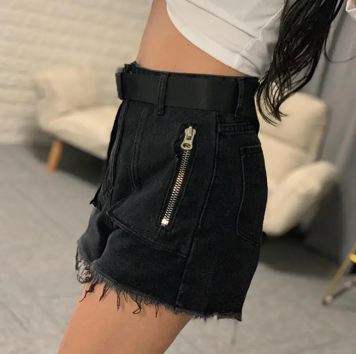 Черный/светильник синий женские джинсовые шорты с бахромой высокая талия