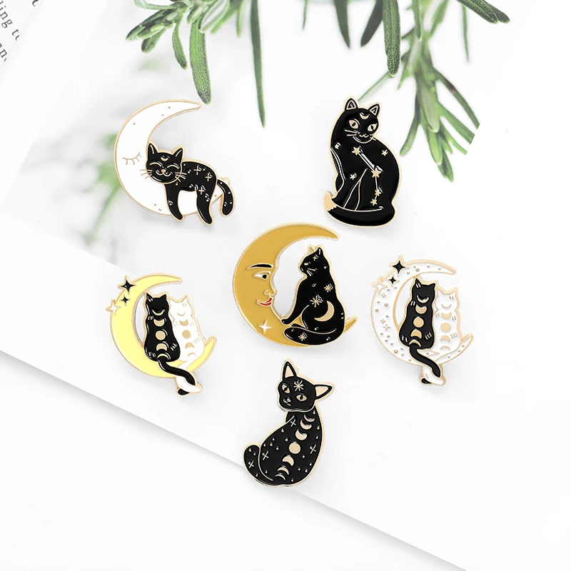 

6 Styles Moon Cat Enamels pins Black Ghotic Moon Phase Brooches Star Badges Bag Hat Backpack Accessories Jewelry