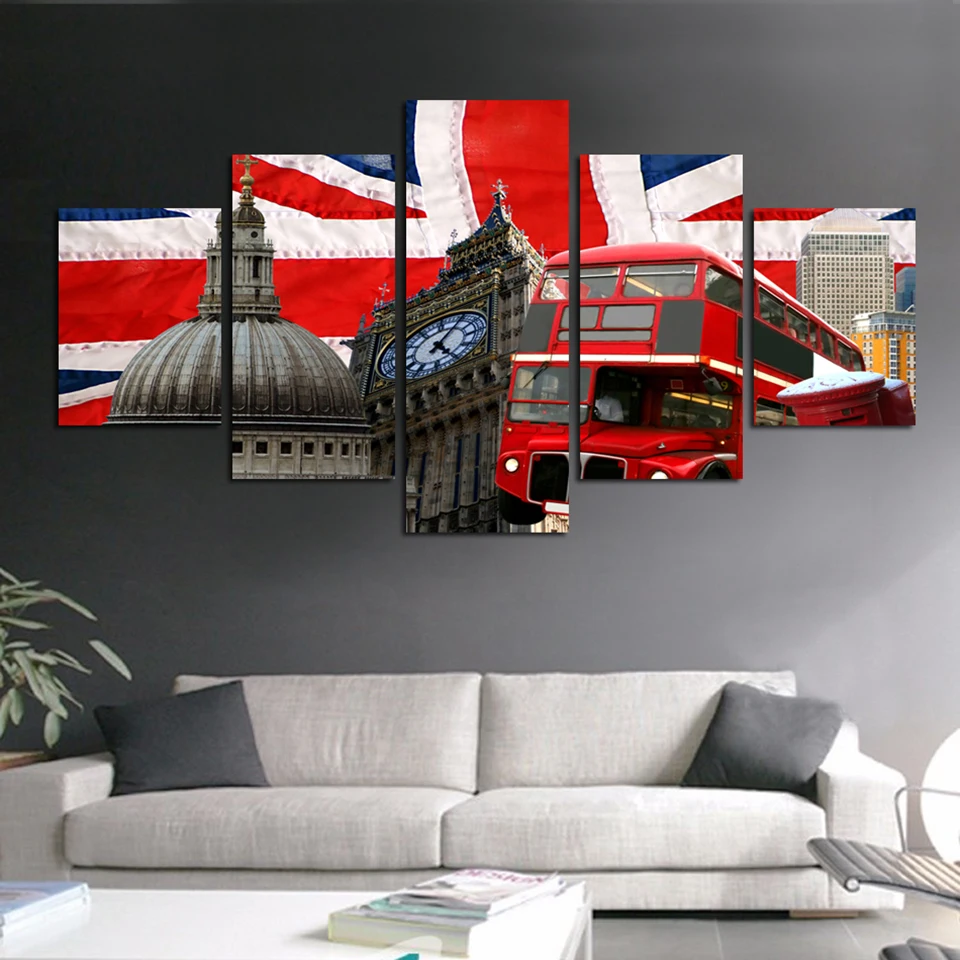 

Frame Wall Art Poster Modern Print Painting 5 Panel Ancient Buildings And Bus Home Decor Living Room Canvas HD Modular Pictures