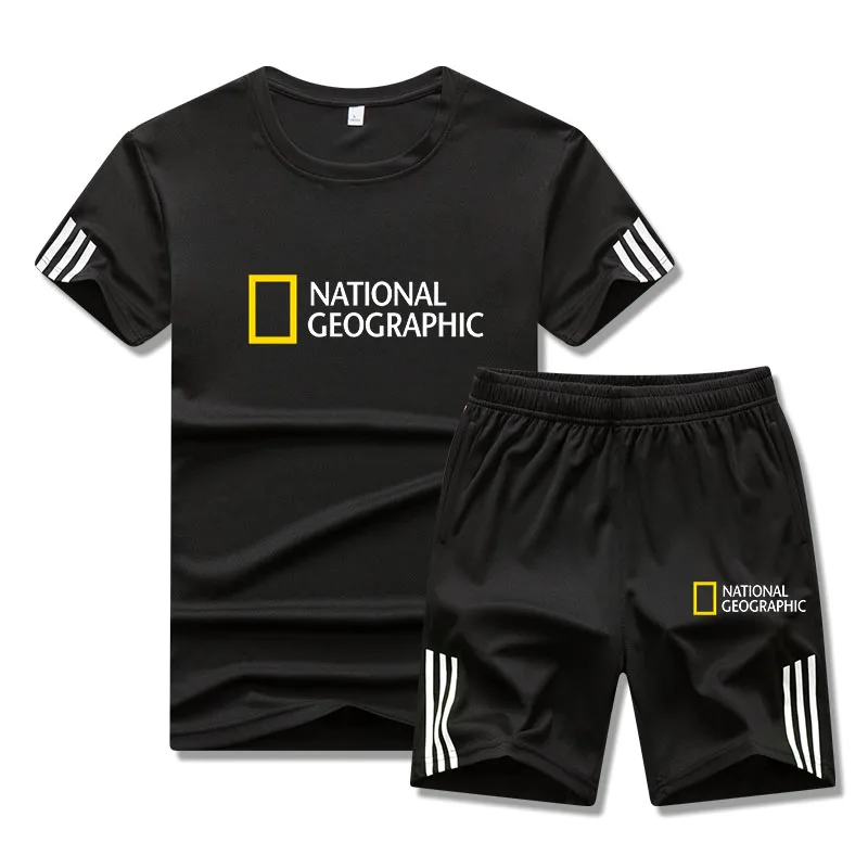 

2021 Summer National Geographic Sportswear New Men's Casual Brand Fitness Sports Shirt Two-piece T-shirt Shorts Set