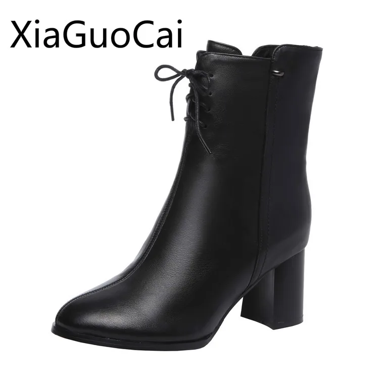 

Brand Black New High Heels Women Boots Plus Velvet European Genuine Leather Women's Mid-calf Boots Thick with Women's Shoes