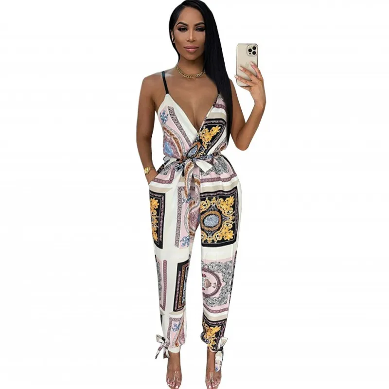 

African Jumpsuit Women Clothes Sleeveless Lace Up Straight Playsuit 2021 Fashion Dashiki Print Street Style Sexy African Rompers