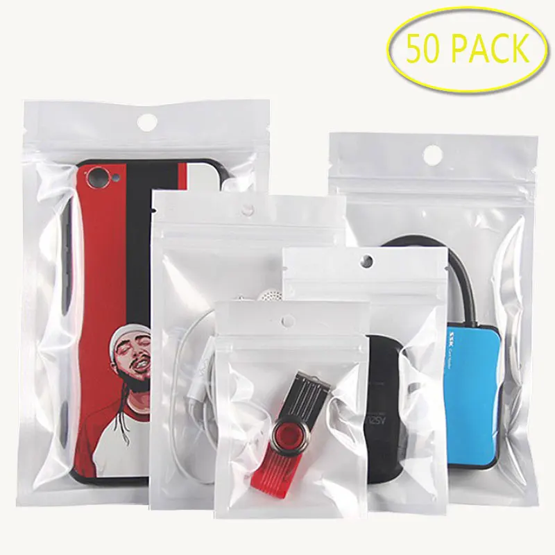 50 шт. чистый белый самозапечатывающийся пакеты с застежкой zip-lock потребительская упаковка в виде поли отверстие для подвешивания для хранения мешок на молнии