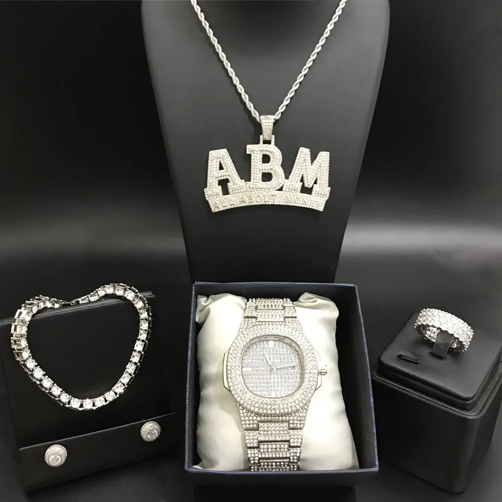 Hip-hop Zircon Skeleton Butterfly Pendant Luxury Men Watch &ampNecklace &amp Braclete &ampRing Earrings Combo Set Ice Out Cuban For |