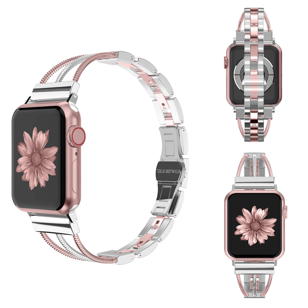 Женские браслеты из нержавеющей стали для Apple Watch, женский браслет, ремешок с ювелирной пряжкой для iWatch, серия 5, 4, 3, 2, 1