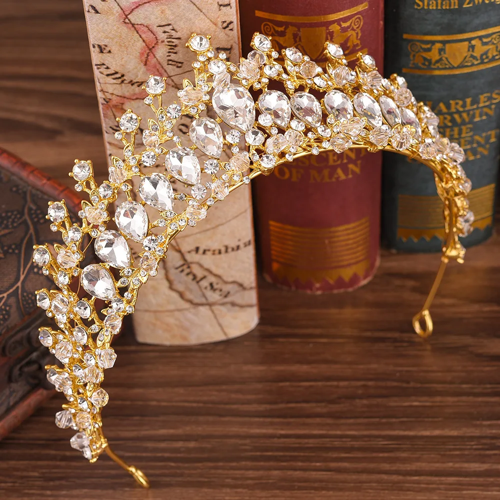 Gold With Beads Великолепные Стразы в стиле барокко, королевская принцесса, большая корона, диадема в винтажном стиле с серебряными кристаллами для женщин, свадебные аксессуары для волос - Окраска металла: Gold With Beads