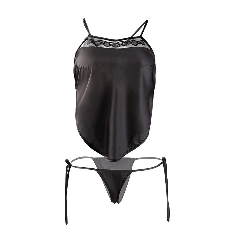 

Long night fun belly pocket underwear neck strap lace imitation silk classic embroidery sexy pajamas