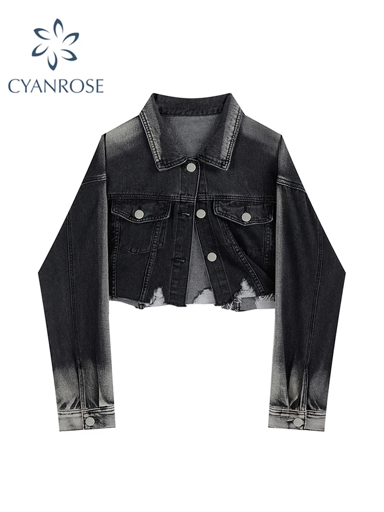

Women's Vintage Tie-Dyed Denim Jacket Coat Washed Streetwear Single Breasted Loose Casual Female Cowboy Short Jacket Chic Tops