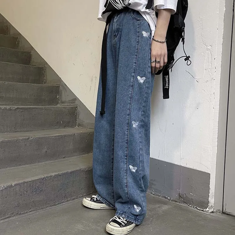 

Женские джинсы с бабочкой и вышивкой Y2K, прямые брюки с высокой талией, модные Мешковатые повседневные джинсовые брюки-бойфренды, уличная од...