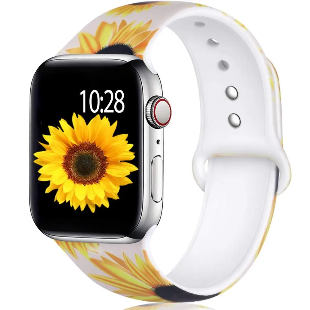 Sunflowers Ленты с цветами для Apple Watch 38 мм 40 мм 42 мм 44 мм, леопардовые силиконовые Печатные Сменные браслеты для iWatch серии 5 4 3 2 - Цвет ремешка: Sunflowers
