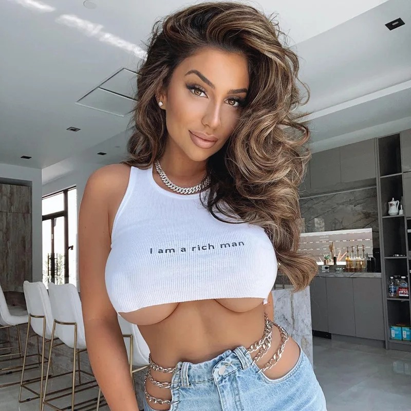 

Sexy Letter Print Navel Bare Crop Tank Tops Active Knitting Ribbed Workout Tanks Women Round Neck Basic Minimalist Bodycon