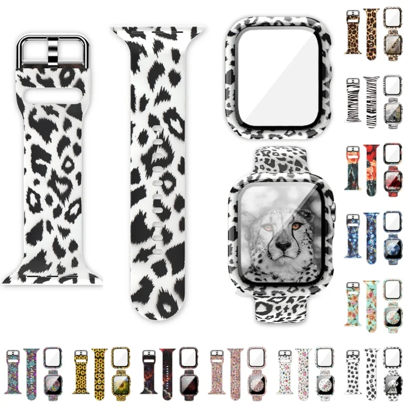 

Leopard Pattern Band and Case Set for Apple Watch Series SE 6 5 4 3 2 Strap 38 42MM Rubber Watchband for Iwatch 6 40 44mm Correa