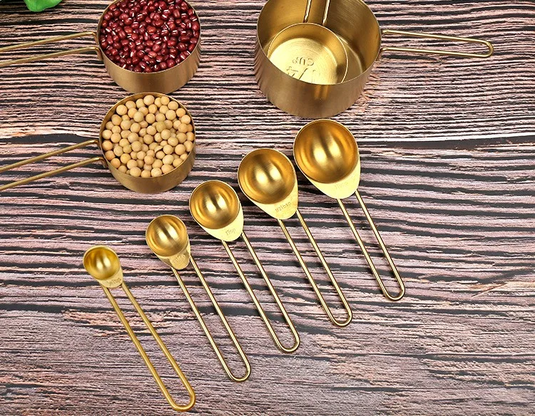 

9pcs/Set Gold Plated 430 Stainless Steel Measuring Spoons Measuring Cups Durable Kitchen Cocktail Baking Cooking Measuring Tool