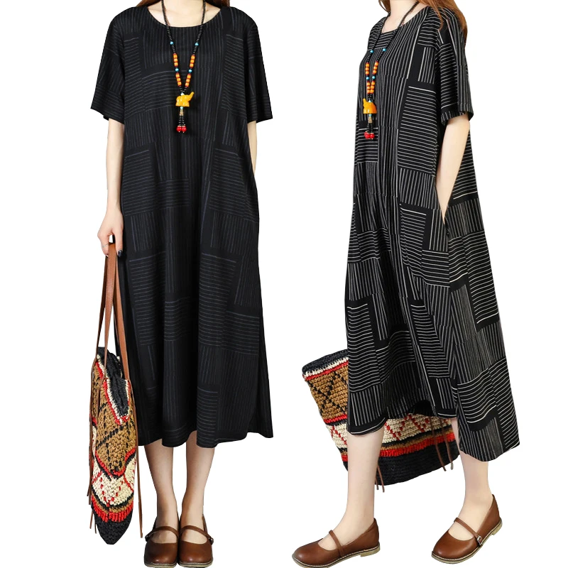 Женское платье с коротким рукавом Elifashion свободное Полосатое из хлопка и льна