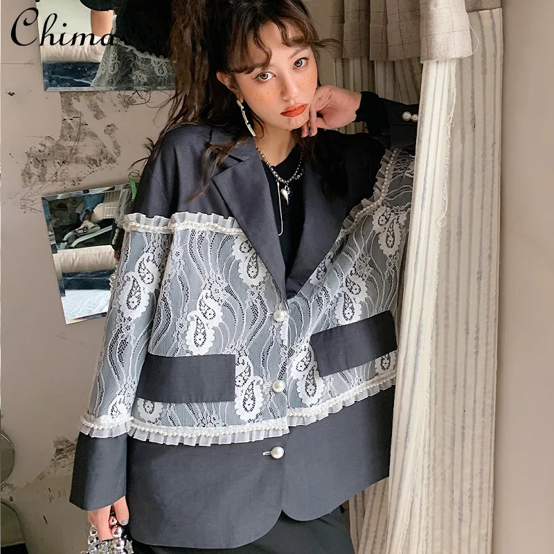 

Модная дизайнерская женская одежда, осень 2021, свободный Блейзер контрастных цветов с кружевной строчкой, однобортный пиджак с длинным рука...