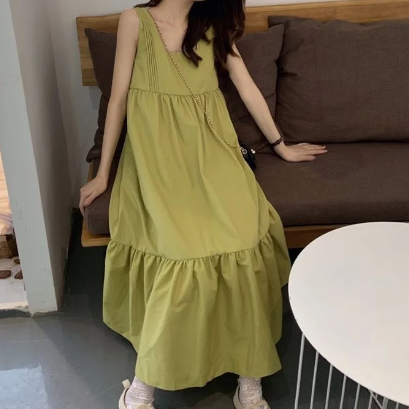 

HOUZHOU Green Slip Dress Women Summer Sexy Off Shoulder Backless Long Dresses Beach Halter Sleeveless Casual Sundresses